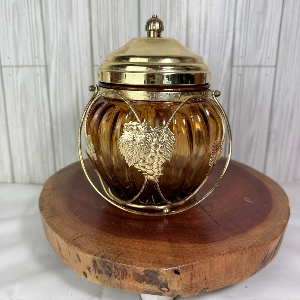 Vintage Amber Glass Musical Biscuit Jar Swan Lake Japan Gold Grape Filigree
